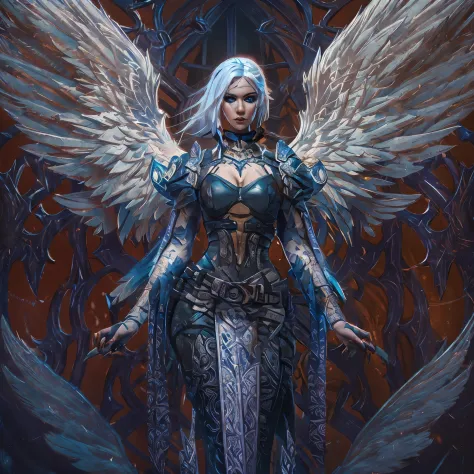 (((fullbody))) behold the crimson- blue safiro wings woman angel woman with white hair, full body, piercing crimson eyes, and pa...