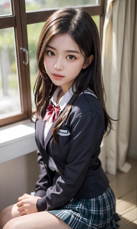 there is a woman sitting on the floor wearing a skirt and jacket, girl wearing uniform, wearing school uniform, wearing a school uniform, school girl, wearing japanese school uniform, japanese school uniform, cute schoolgirl, a hyperrealistic schoolgirl, h...