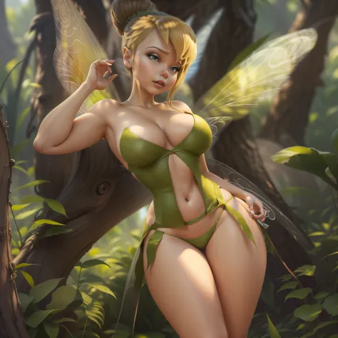 tinkerbell, adult, fairy wings, standing, thong, lingerie model, sensual, hot, full-body-shot, detailed face, beautiful face, big breasts, thick thighs, wide hips, looking at camera, in a forest, masterpiece