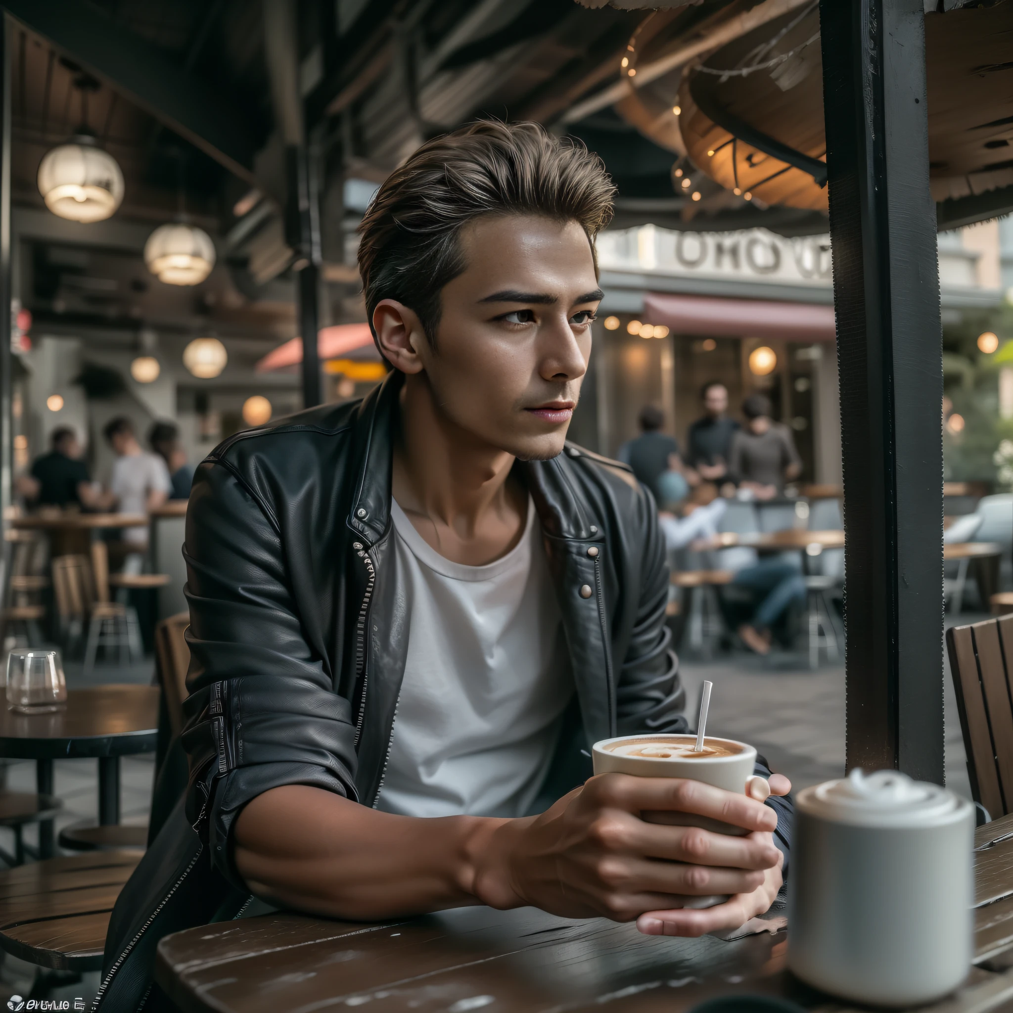 （8K，RAW photos，best qualtiy，tmasterpiece：1.2），（realisticlying，photograph realistic：1.37），of a guy，In a street café，drinking a coffee