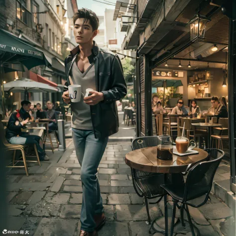 （8K，RAW photos，best qualtiy，tmasterpiece：1.2），（realisticlying，photograph realistic：1.37），of a guy，In a street café，Drink coffee