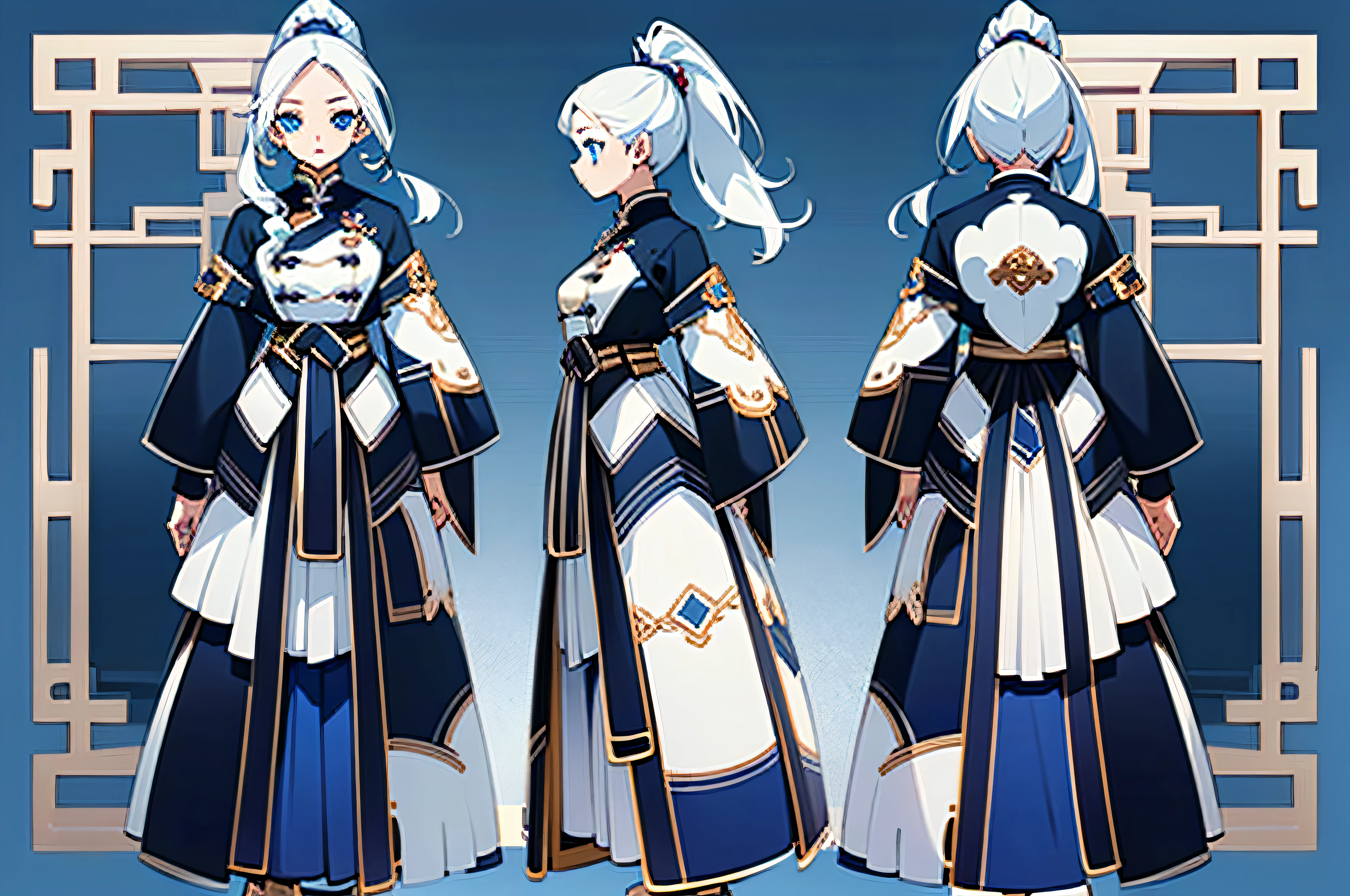 ((masterpiece)),(((best quality))),（character design sheet,Same character full body,frontage,Lateral face,on  back)，illustration，1 teenage girl、Stunning facial features，Uniform hair color、Hairstyles、trappings，Chinese long skirt, white hair, high ponytail, blue eyes（simplebackground，white backgrounid：1.3）