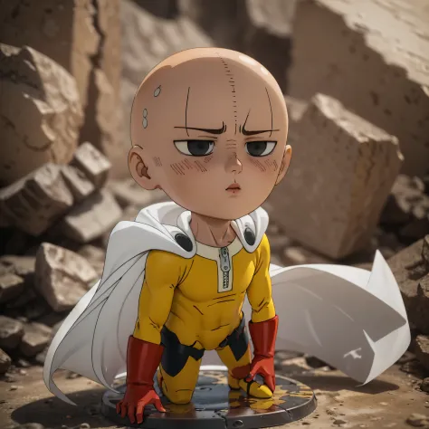 3d art, (chibi), one punch man saitama, kawaii, yellow bodysuit, white cape, long red rubber gloves, red boots, 3d rendering, bl...