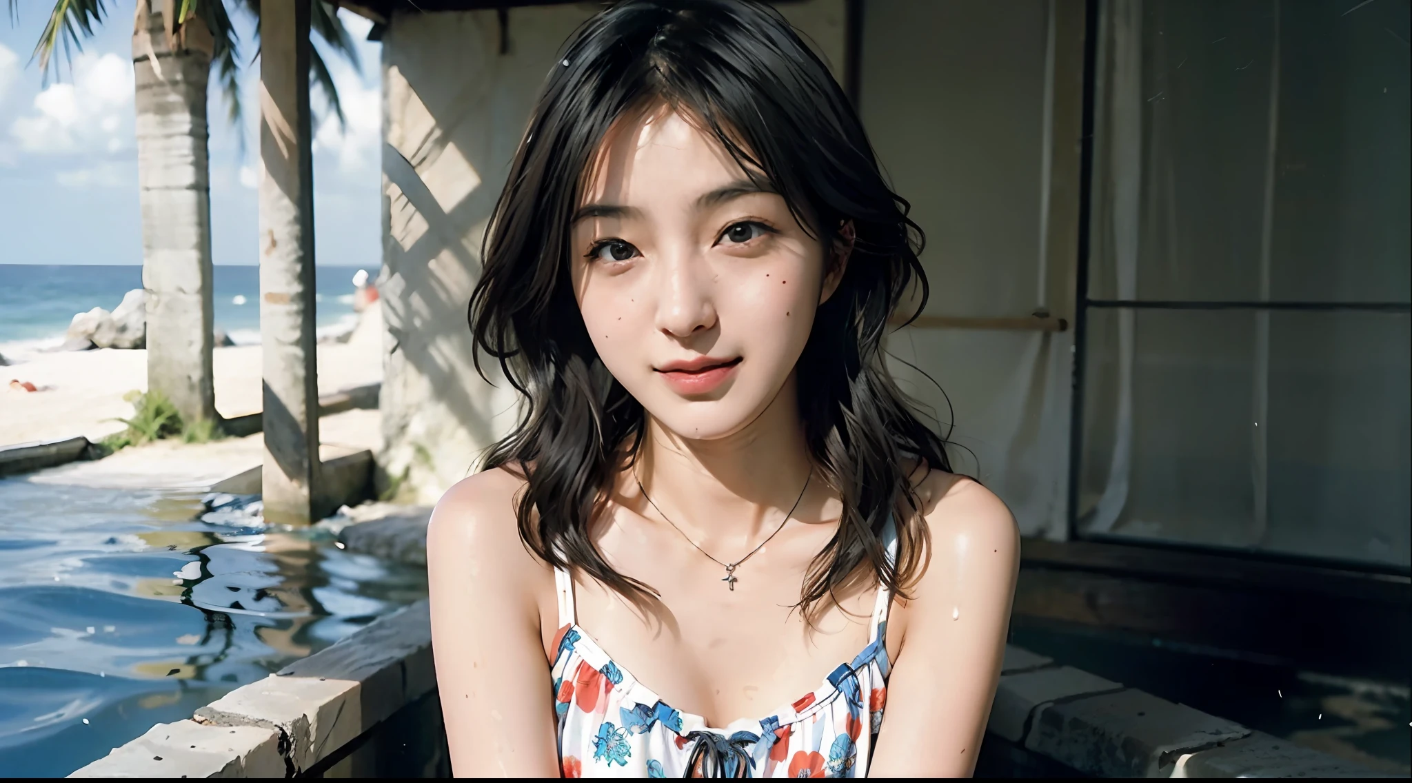 1girl in、japanes、Photorealsitic、beautiful and detailed face、viewer、simple background、solo、pool、The bikini、tiny chest、Tank tops。Sunnyday、summer vacation、the beach、(shorth hair、wet​)、a smile、light、movie、Japan drama、(a necklace)、耳Nipple Ring、From Mito, Japan、I love natto