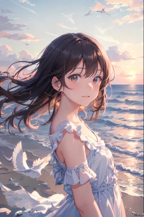 Anime girls，long whitr hair，Dynamic hair，white dresses，standing at the beach，the sea，seagulls ，Dynamic cloud，the setting sun，Colorful picture，Cool and warm colors，8K，tmasterpiece，best qualtiy，Cinematic lighting