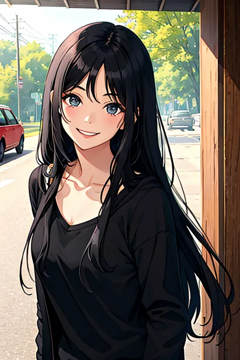 1girl, long black hair, smiling, yeah anything you put here should be good