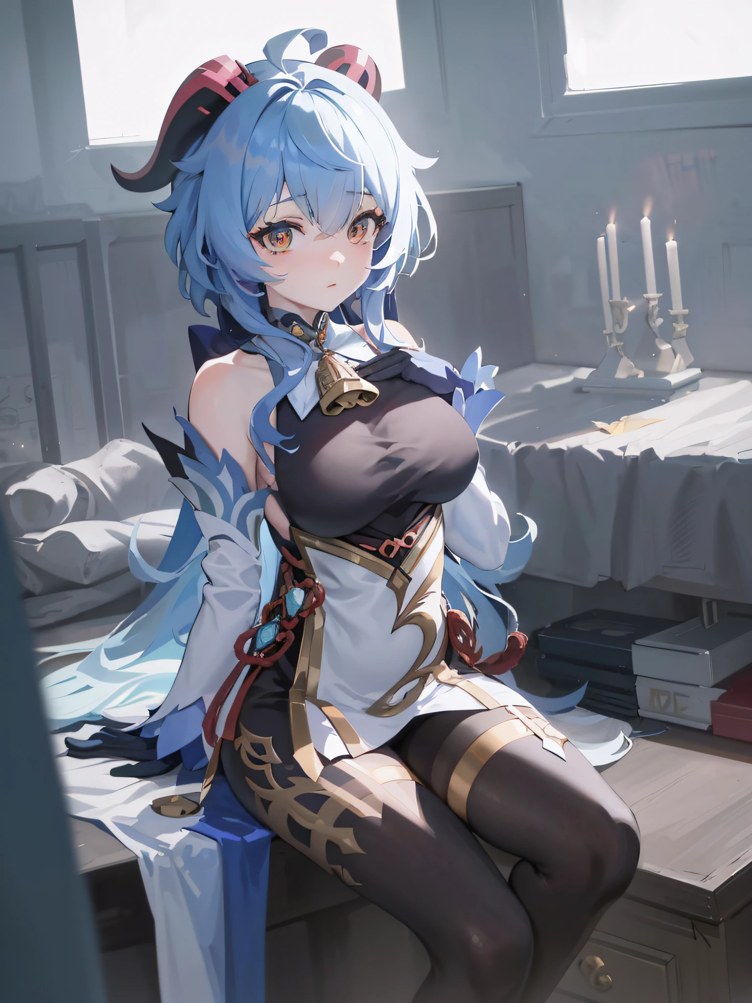Anime girl sitting on table，There is a cat on his lap, Ayaka Genshin impact, Genshin, Keqing from Genshin Impact, Guweiz on ArtStation Pixiv, Guweiz in Pixiv ArtStation, trending on artstation pixiv, ayaka game genshin impact, Extremely detailed Artgerm, blue scales covering her chest