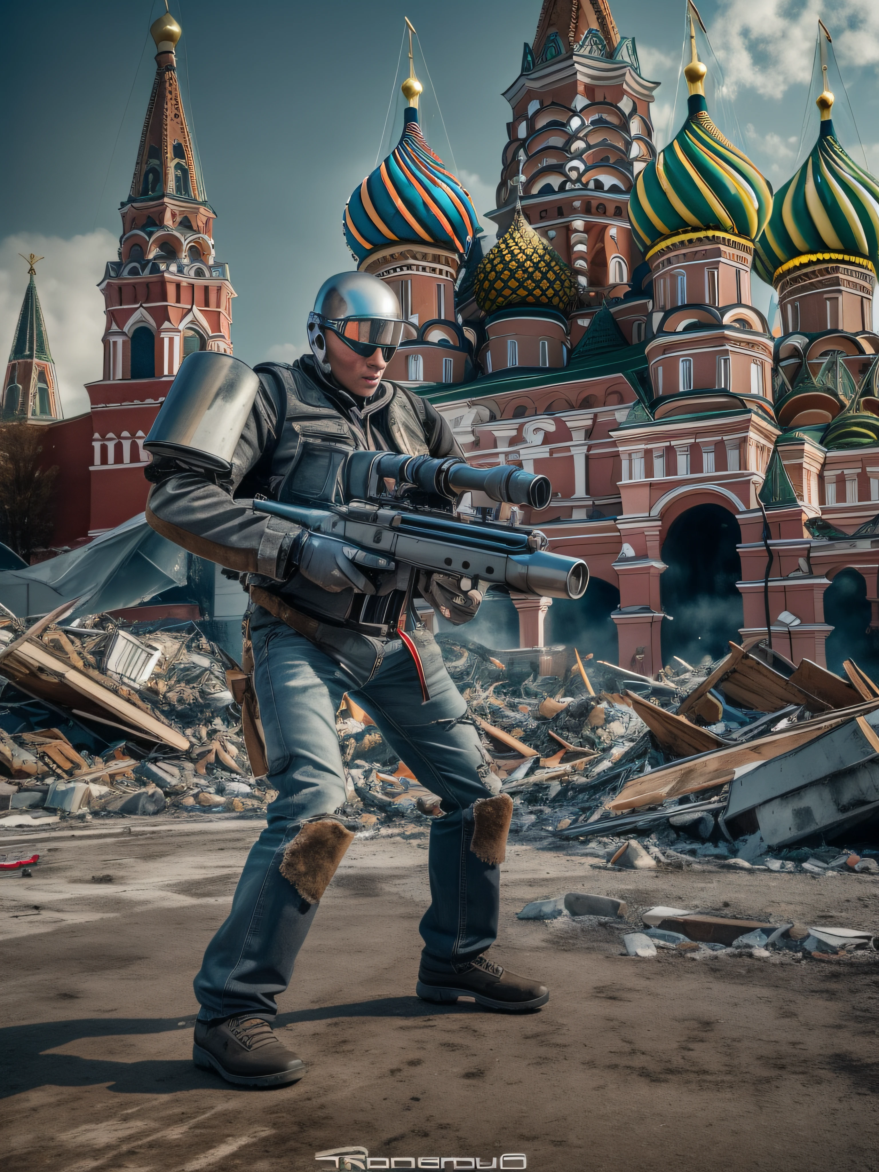 full shot, full water, terminator T-1000 shoots with a minigun at the camera stands against the background of the destroyed kremlin on red square in moscow, realistic chiaroscuro, super high quality, super high detail, clear focus, 32k, super naturalistic, hyper photorealistic