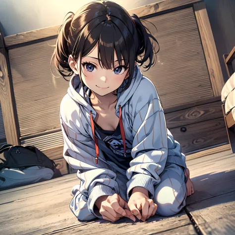 (Best Quality), (masutepiece:1.3), (Realistic), (Photorealistic:1.36), Ultra-detailed, From below, Cute little girl in クジラ Hoodie pyjamas, undershirt, bedroom, (flat chest), big smile, Dynamic Angle, (Kneeling, Hands on the floor in front of you)