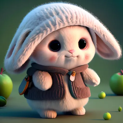 : 3. Rabbit, realistic, hairy, clothed animal, apple, dark circles, blush, cherry, food, fruit, full body, hat, non-human, straw...