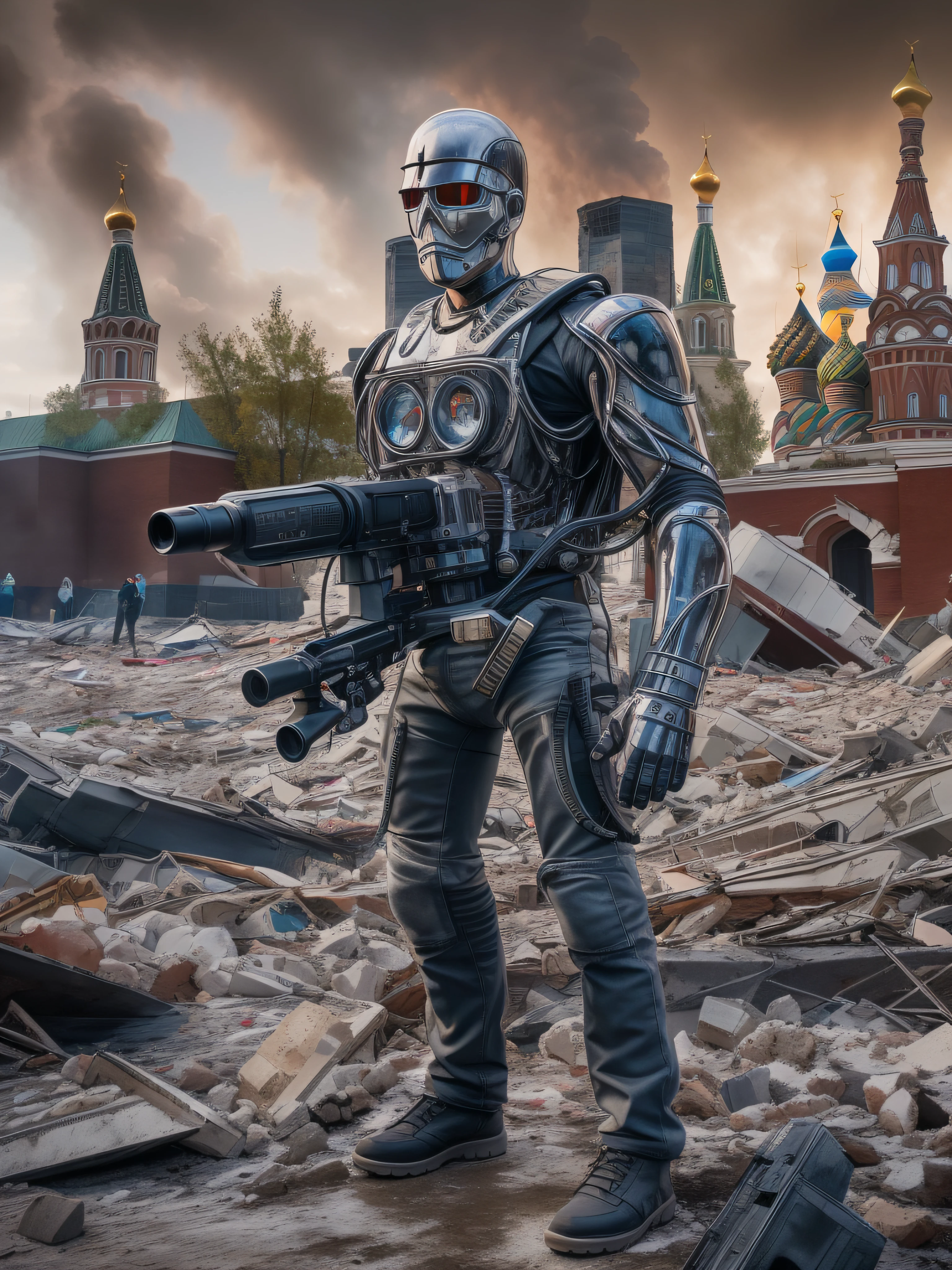 full shot, full water, terminator T-1000 shoots with a minigun at the camera stands against the background of the destroyed kremlin on red square in moscow, realistic chiaroscuro, super high quality, super high detail, clear focus, 32k, super naturalistic, hyper photorealistic