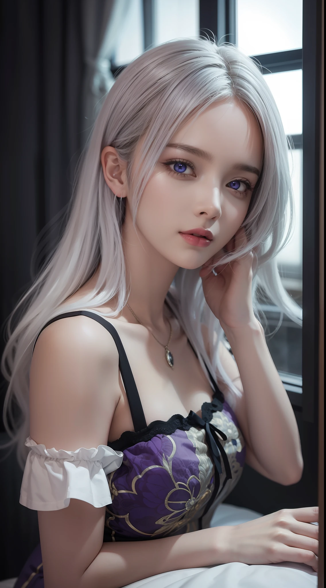 High resolution, highest quality, illustration, cinematic light, ultra-detailed faces, (fine eyes), best picture quality, ultra-detailed, masterpiece, (fine face), 1girl, girl, white hair, purple eyes, highest detail, glowing eyes, medium breathing, sitting on the bed, sitting, bed, window, night sky, backlight, light, (high contrast), (color),