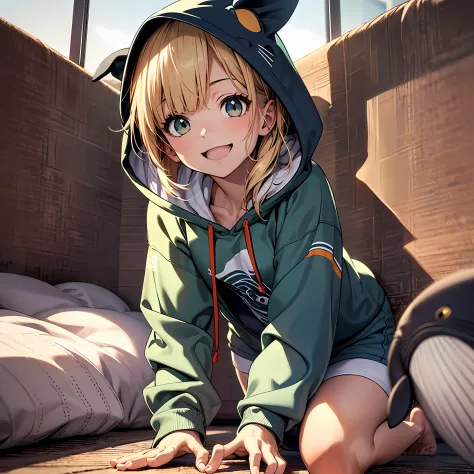 (Best Quality), (masutepiece:1.3), (Realistic), (Photorealistic:1.36), Ultra-detailed, From below, Cute little girl in whale (Cetacea spp.)Hoodie pyjamas, undershirt, bedroom, (flat chest), big smile, Dynamic Angle, (Kneeling, Hands on the floor in front o...