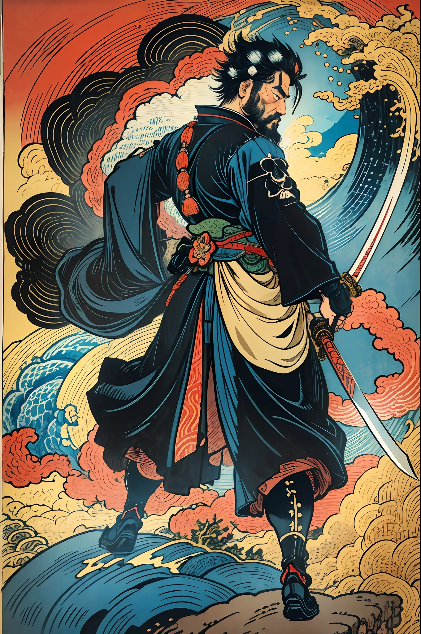 É uma pintura de corpo inteiro com cores naturais com desenhos de linhas no estilo Katsushika Hokusai.. O espadachim Miyamoto Musashi tem um corpo grande como um homem forte. Samurais do Japão. Ele tem uma expressão de determinação digna, mas viril, Cabelo preto curto, e um curto, barba aparada. A parte superior de seu corpo está coberta por um quimono preto e seu hakama vai até os joelhos.. Na mão direita ele segura uma espada japonesa. na mais alta qualidade, no relâmpago de alta resolução do estilo ukiyo-e e nas chamas rodopiantes da obra-prima. Miyamoto Musashi fica com o rosto e o corpo voltados para frente, suas costas retas.