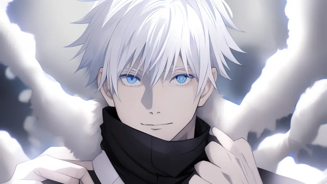 Close up portrait of a person with white hair and blue eyes, tall anime man with blue eyes, nagito komaeda, kaworu nagisa, with ...