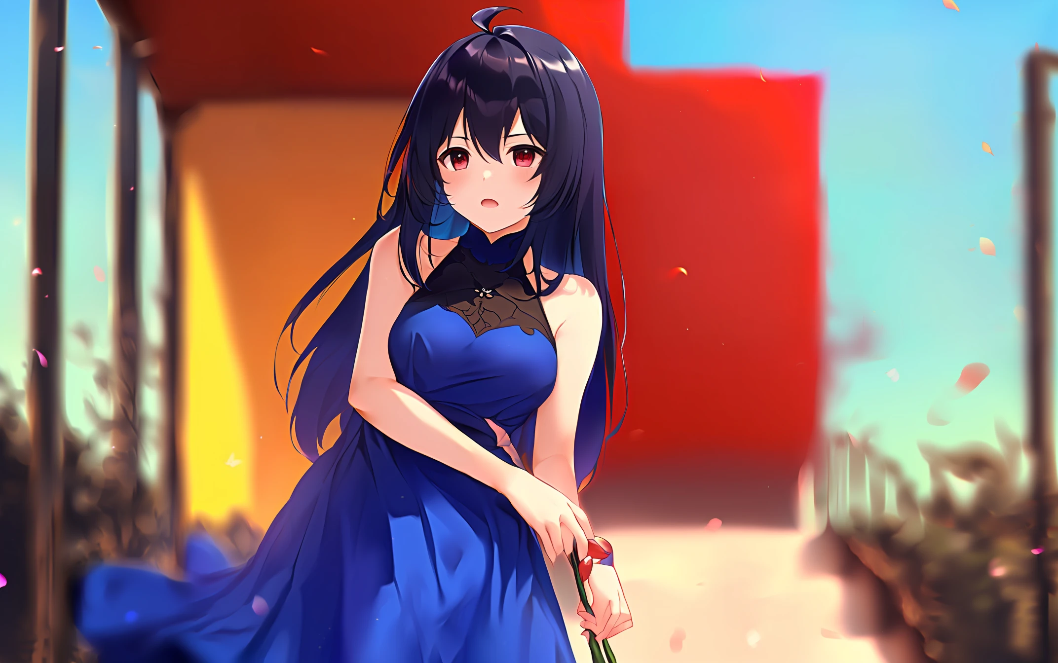 one-girl，Blue sky，Long red dress，Long black hair，A look of surprise