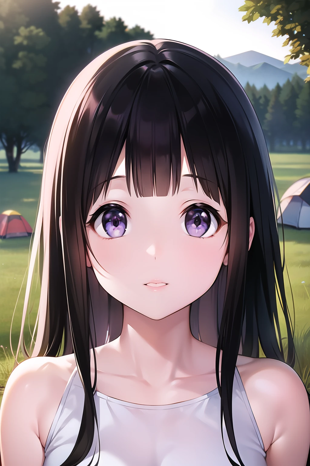 (A superb exquisite Chitanda Eru), purple eyes, black hair, natural straight hair, straight bangs, solo, (camping), nature, (campfire), extremely delicate, straight facial features, peerless beautiful girl, soft, (sensual face), ((ecchi face)), dreamy quality, exaggerated facial features, solid color, frank holly, delicate face, bright lips, slender waist, soft curves, real light and shadow, super fine, 4k, natural moving, Ultra high resolution, (masterpiece:1.2, best quality), (finely detailed beautiful eyes: 1.2), (beautiful detailed face)