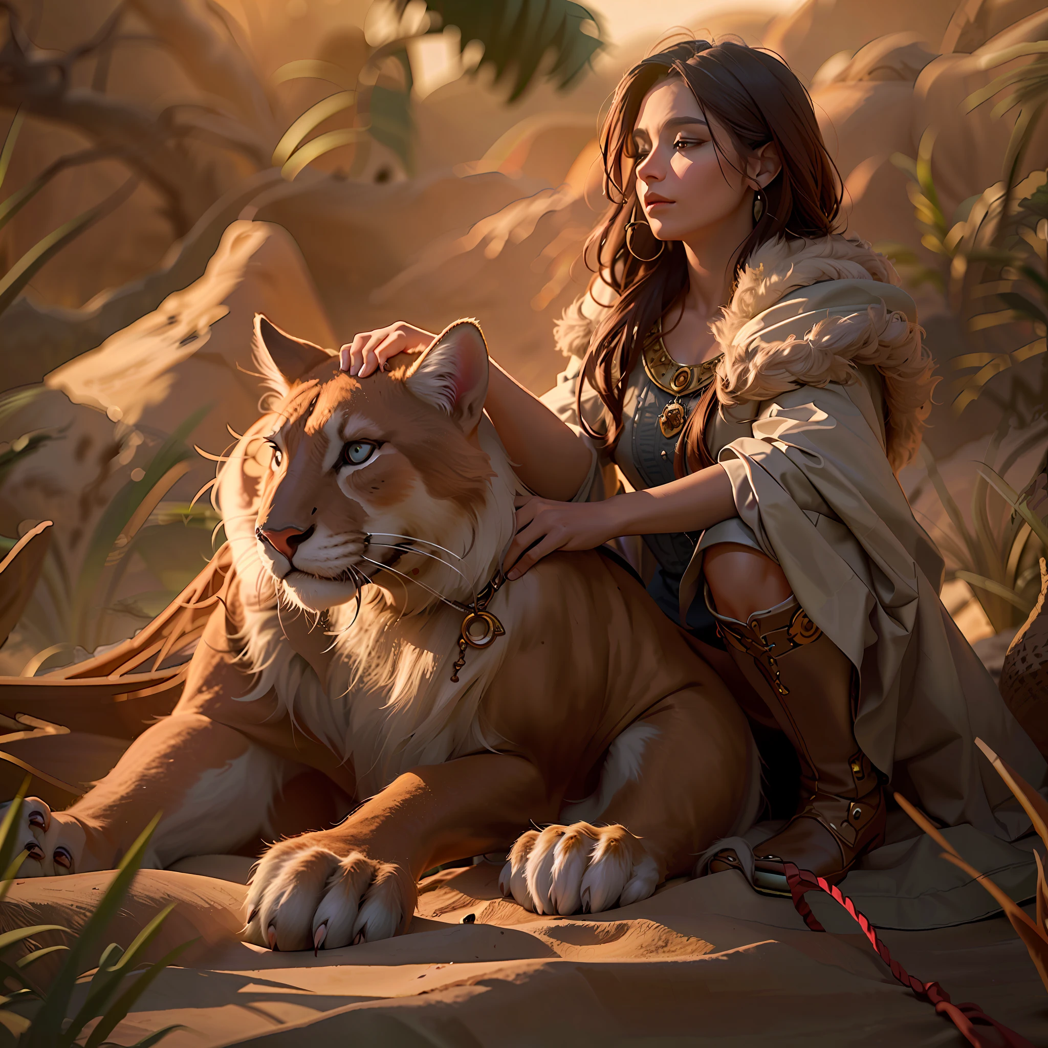 high details, best quality, 8k, [ultra detailed], masterpiece, best quality, (extremely detailed), dynamic angle, ultra wide shot, RAW, photorealistic, fantasy art, dnd art, rpg art, realistic art, a wide angle picture of a female human druid and her pet cougar, priest of nature, cleric of nature, full body, [[anatomically correct]]. dynamic position (1.5 intricate details, Masterpiece, best quality) talking to a desert cougar (1.6 intricate details, Masterpiece, best quality) in desert (1.5 intricate details, Masterpiece, best quality), a female  wearing leather clothes (1.4 intricate details, Masterpiece, best quality), leather boots, thick hair, long hair, brown hair, tan skin intense brown eyes, desert background (intense details), a stream flowing in an oasis (1.4 intricate details, Masterpiece, best quality), night, moon light, stars (1.4 intricate details, Masterpiece, best quality), dynamic angle, (1.4 intricate details, Masterpiece, best quality) 3D rendering, high details, best quality, highres, ultra wide angle