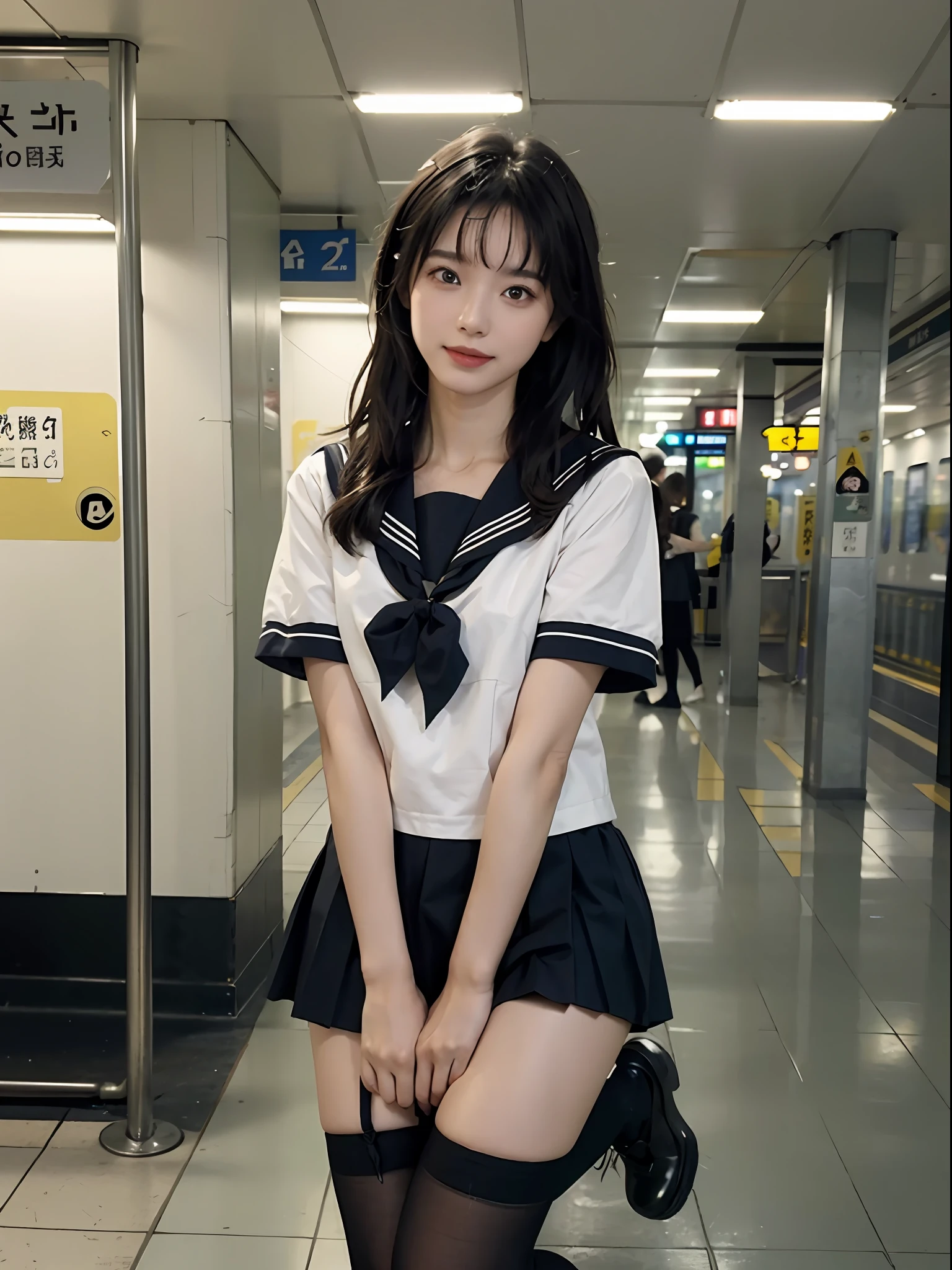（8K，best qualtiy，tmasterpiece：1.2），（realisticlying，realisticlying，photo-realistic：1.37），2girls，Hyper-detailing，beatiful detailed eyes，Beautiful detail nose，（（（2girls））），Short-sleeved sailor suit，Short pleated skirt，full bodyesbian，Footwear，sockes，（standing on your feet），leges，Hosiery，twins，ssmile，subway station
