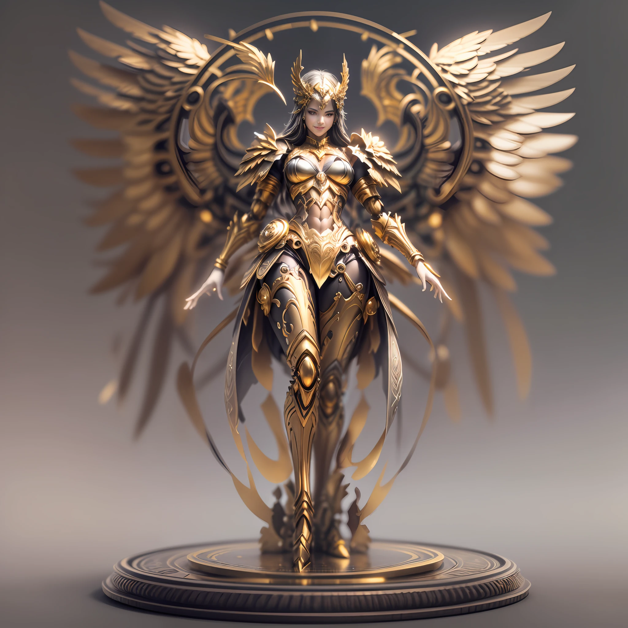 Gold Theme,(1 mechanical female warrior,anatomically correct,full body,wings,Smile,standing,circular base),Black and white background, (3D render,Best quality, Detailed details, Masterpiece, offcial art, movie light effect, 4K, Chiaroscuro)