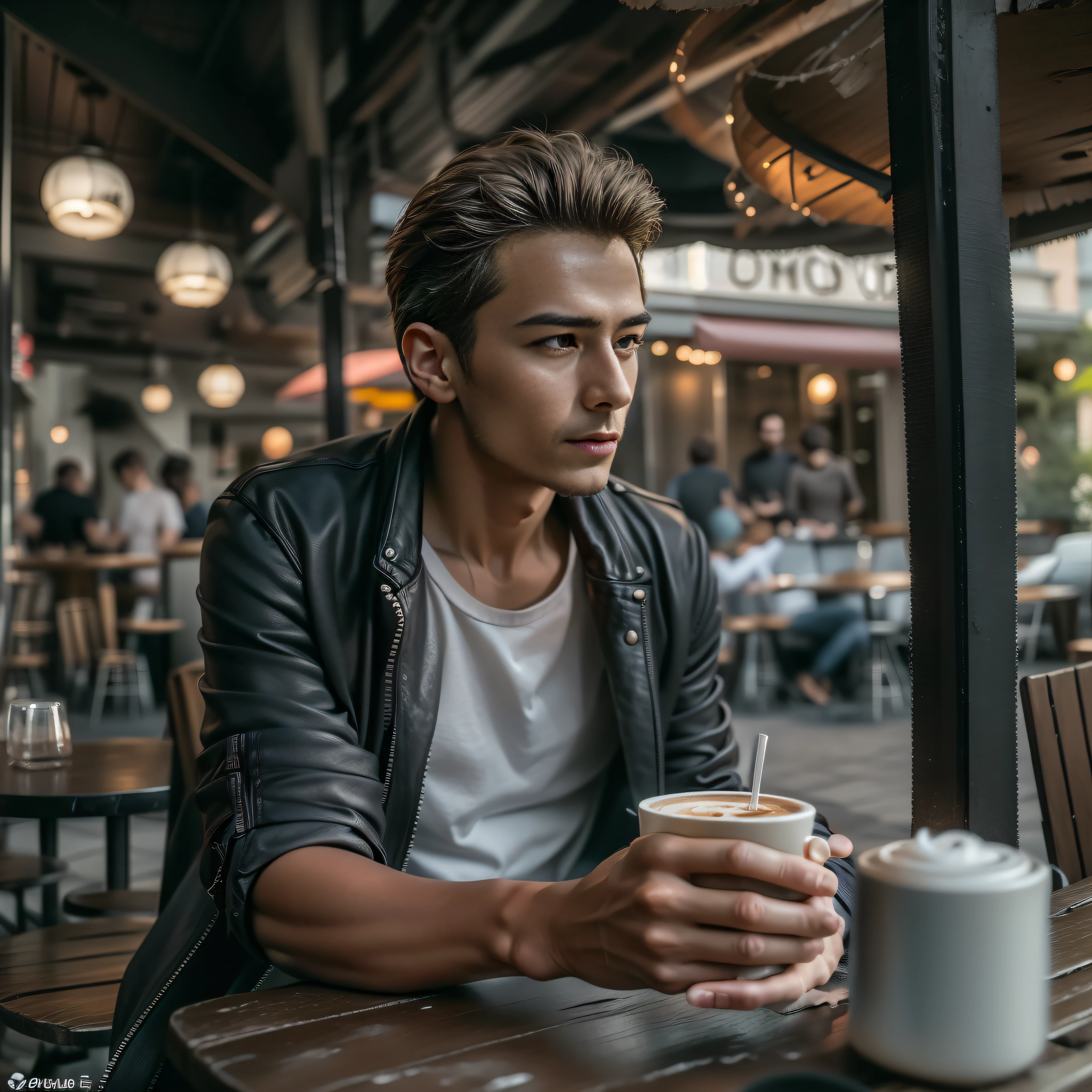 （8K，RAW 사진，최고의 품질，걸작：1.2），（현실적으로，현실적인 사진：1.37），남자의，길거리 카페에서，커피를 마시다