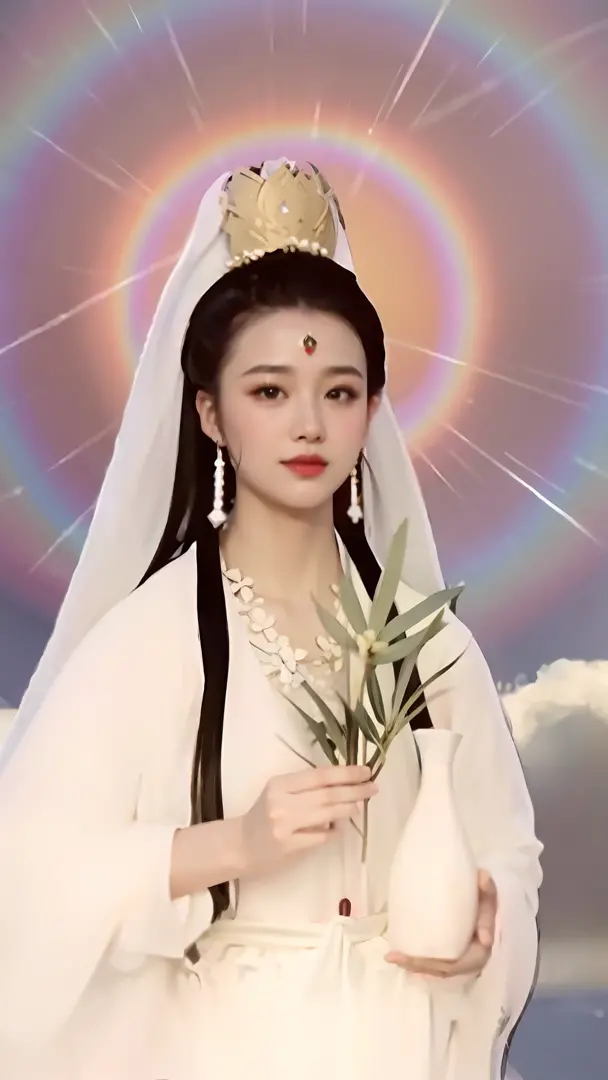 A woman in a white dress holds a flower in front of a rainbow, Guanyin, an ancient Chinese goddess, queen of the sea mu yanling,...