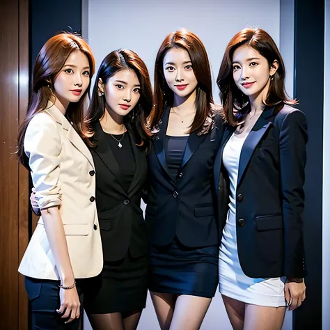 A stunning trio woman with an slim figure, embrace each other, (small bosom:1.4). in open blazer wearing
