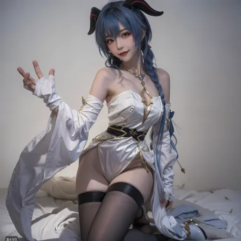 Masterpiece, Best quality,1girll, Solo, Ganyu (Genshin Impact), Horns, Long hair, Blue hair, Breasts, mitts, White background, Detached sleeves, view the viewer, ahoge, Bare shoulders, bell, Black gloves, Kneeling, High heels, bangs, full body, Medium brea...