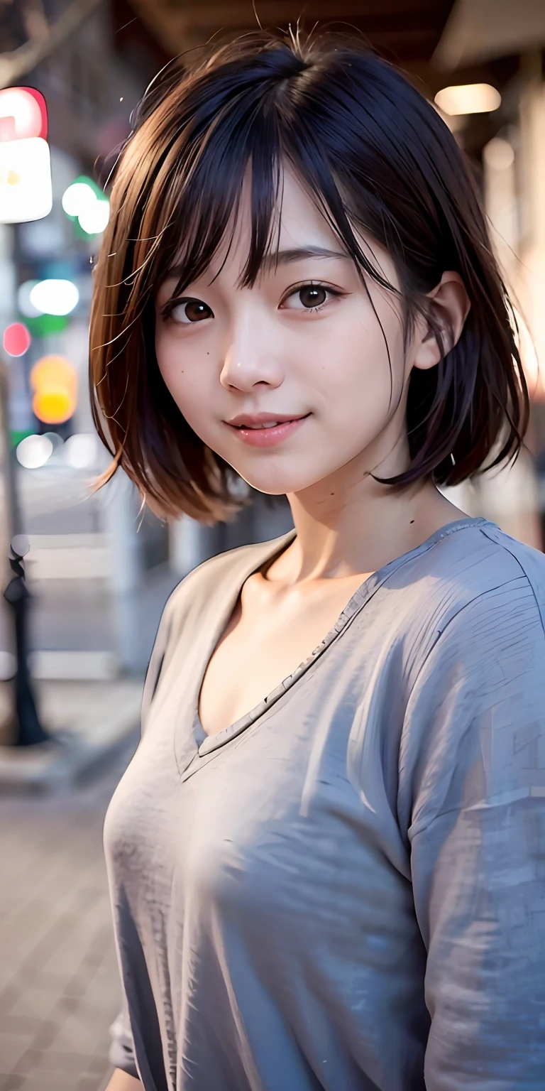 1 Mädchen、auf der Straße von Tokio、die Nacht、Eine Stadtlandschaft、Stadtlicht、Der obere Teil des Körpers、a closeup、Ein Lächeln、、(8K、RAW-Fotografie、Top Qualität、Meisterwerk:1.2)、 Ein Lächeln,(realistisch、photoRealstic:1.37)、Yui Arakaki
