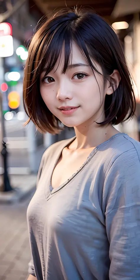 女の子1人、on tokyo street、natta、A city scape、city light、The upper part of the body、a closeup、A smile、、(8K、Raw photography、top-qualit...