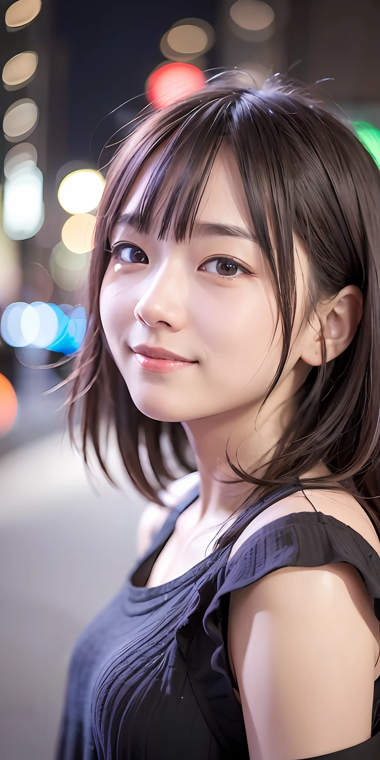 1 garota、Rua de Tóquio、a noite、Uma paisagem urbana、luz da cidade、A parte superior do corpo、um close、um sorriso、、(8K、Fotografia RAW、qualidade máxima、obra-prima:1.2)、 um sorriso,(realista、fotoRealstic:1.37)、