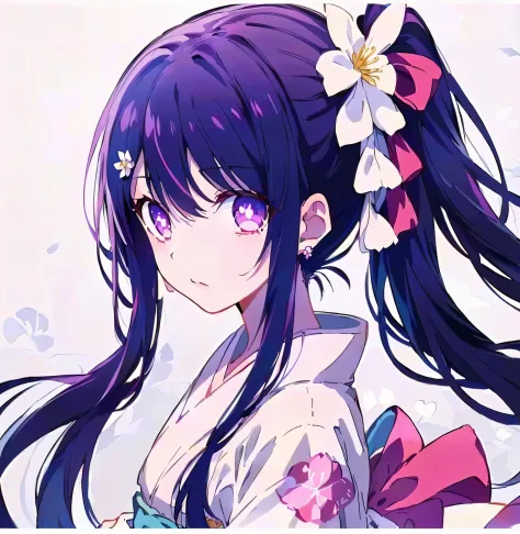 long black hair and purple eyes，anime girl with a flower in her hair, anime moe art style, anime visual of a cute girl, beautifu...