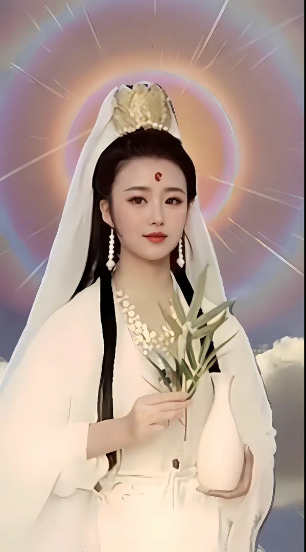 Image of Alphard，A woman in a white dress holds a bouquet of flowers, Guanyin, guanyin of the southern seas, queen of the sea mu...