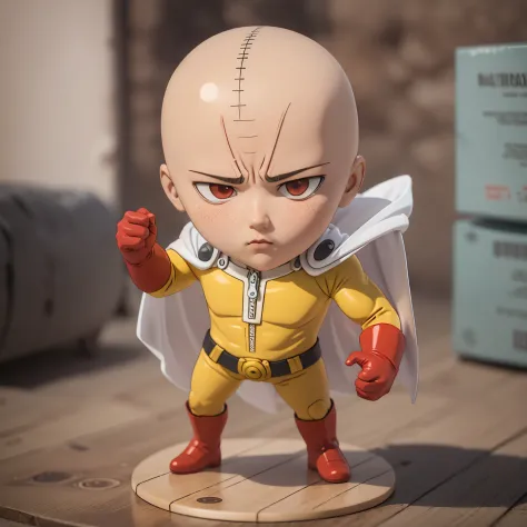 ((realistic)), 3d art, (chibi:1.1), one punch man saitama,  kawaii, yellow bodysuit, white cape, long red rubber gloves, red boo...