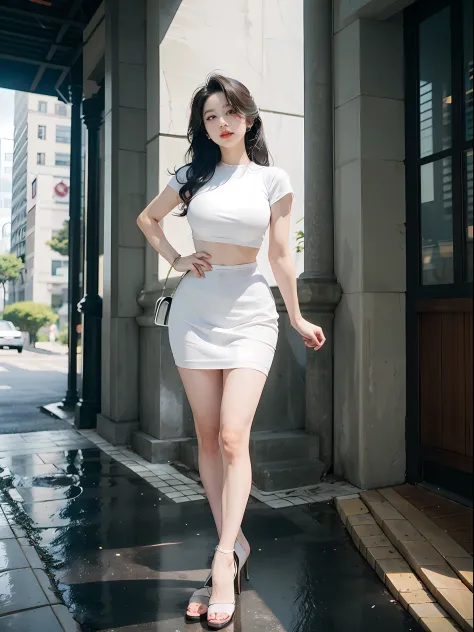 white  clothes,Skirt that wraps hips,black lence stockings,high-heels,Amazing lighting,cinmatic lighting,the street,（best qualtiy， tmasterpiece：1.4）, hoang lap,Ultra-detailed CG 8K， high detal， beauitful face， 详细的脸， 1girll,are standing,， shades， shiny skin...
