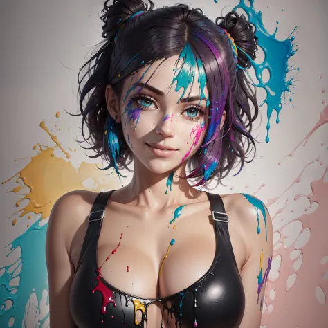 Paint leaking, thick Paint rainbow hair, breasts covered with paint, ((sfw)), calm facial expression, relaxed, ((gentle smile)), ((paint instead of clothes, no clothes)), small breasts, ((relaxed face)), relaxed shoulders, dynamic pose, liquid details, bla...