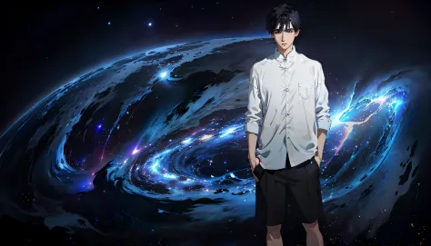 A Chinese man stands in a nebula，Short black hair and black eyes，Wearing a white half-sleeved shirt and black shorts，cool guy，Ha...