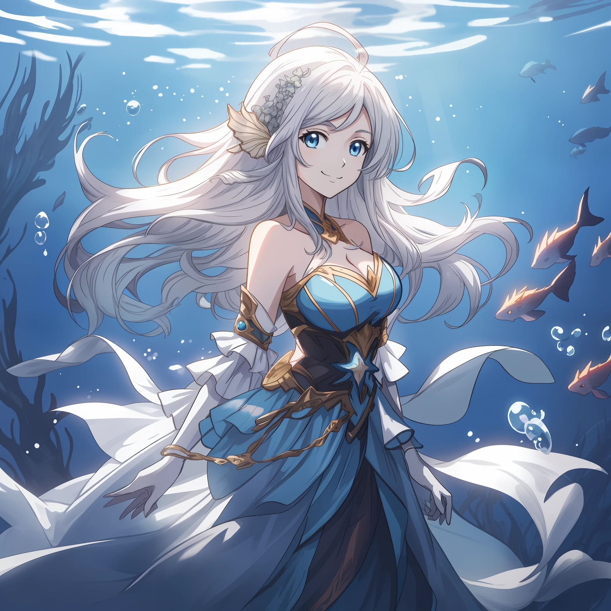 anime girl dans une robe bleue debout dans l’eau, Papier peint anime eau bleue, Tendances sur ArtStation pixiv, Granblue Fantaisie, déesse de l&#39;océan, bel anime fantastique, &quot;belle femme anime, art animé numérique détaillé, Illustration fantastique d&#39;anime, Déesse de la mer, Bel art animéwork, art animé détaillé, Bel art animé, art animé de haute qualité, cheveux blancs, Sirène, clivage, Gros seins, Sexy,, souriant