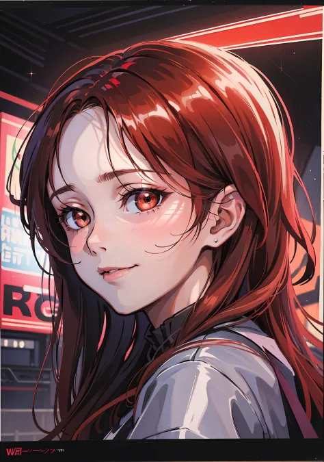 (highres, best quality:1.2), 1girl, Shaft artstyle, 1girl, sparkling eyes, radiance, soft contours, beautiful drawing, upper body, concept art, neon light, eyelashes, red hair, minna dietlinde wilke, red eyes, casual wear, gentle smile
