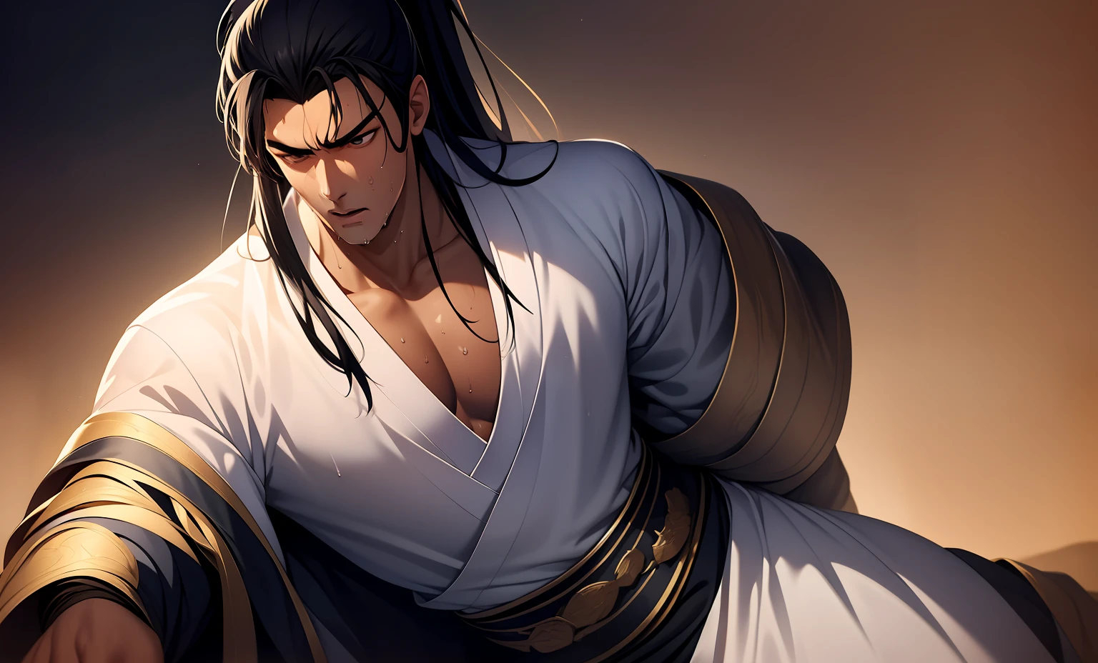 Two-dimensional, anime style, man (male warrior), muscle, correct proportions, face details, martial arts, high ponytail hairstyle, sweating, sweaty face, drooling, neck details, with Adam's apple, wet, wet, Hanfu costume, long robe, embroidered robe, dragon robe, clothing details, collar, long sleeves, game quality, swordsman demeanor, light and shadow tracing, ray tracing, detail glow, CG rendering, hair details, long black hair, golden eyes, sweaty face, handsome, handsome, sweat beads slipping down the neck, (juvenile feeling), complex clothing, wet, wet, perfect composition, refinement, high quality, more details, a lot of details, complex background, atmosphere,