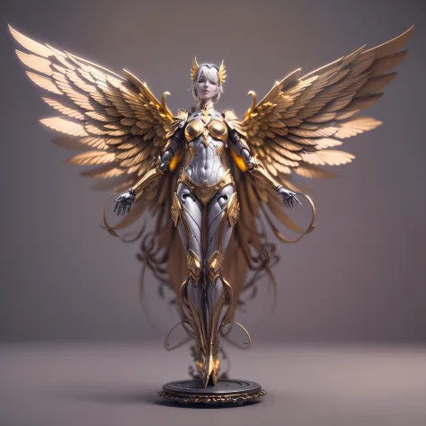 Gold Theme,(1 mechanical female angel,anatomically correct,full body,wings,Smile,standing,circular base),Black and white background, (3D render,Best quality, Detailed details, Masterpiece, offcial art, movie light effect, 4K, Chiaroscuro)