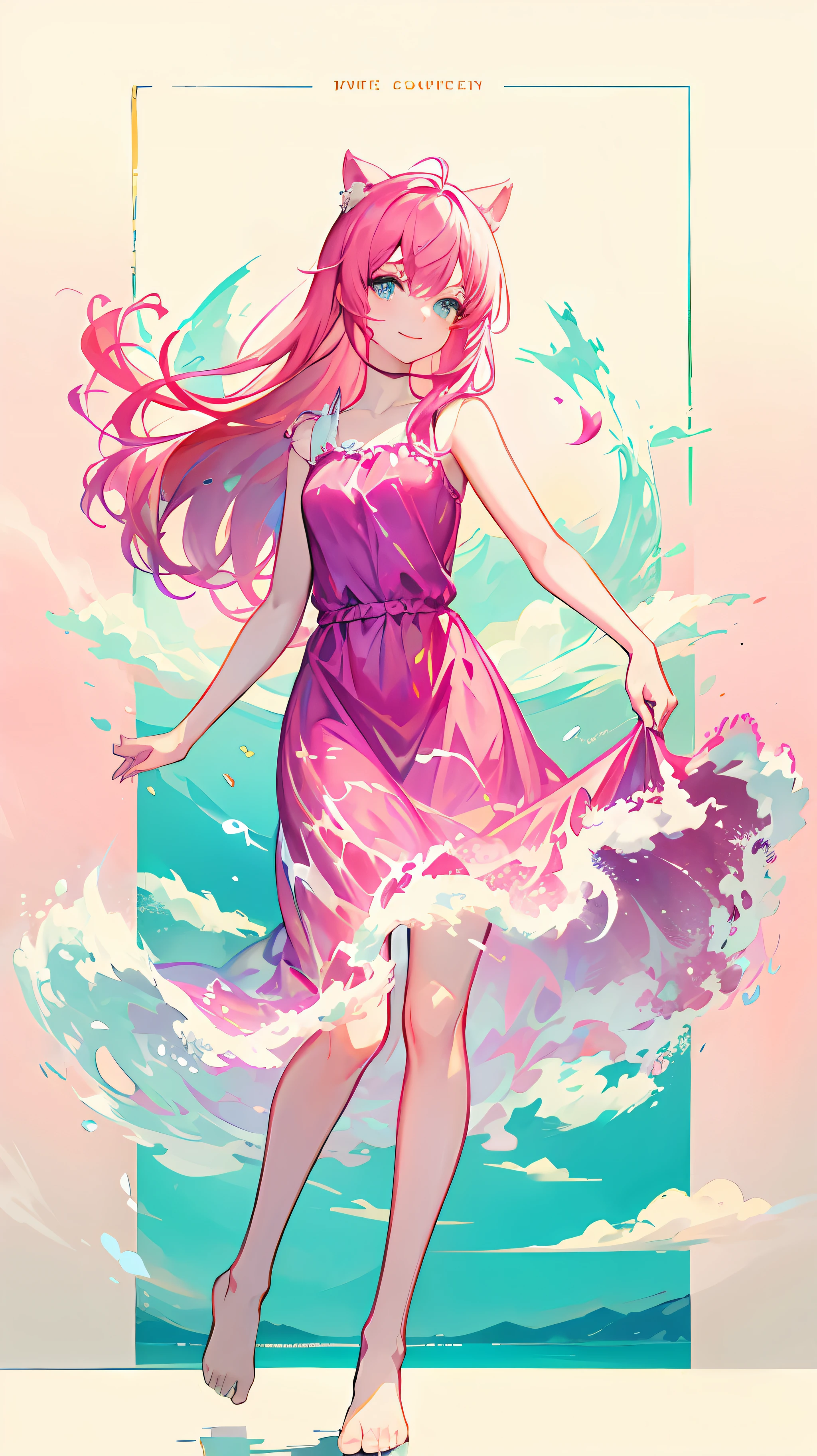 liquid clothes, 1girl, solo, long hair, pink long dress, barefoot, pink hair, blue eyes, cloud, very long hair, cat ears, sky print, pink dress, standing, sleeveless, looking at viewer, smile,