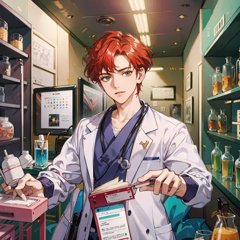 Image of a male doctor in a laboratory, fazendo pesquisas, full hd, melhor qualidade, haruka tenoh hairstyle, (redhead:1)