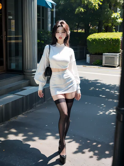 white  clothes,Skirt that wraps hips,black lence stockings,high-heels,Amazing lighting,cinmatic lighting,the street,（best qualtiy， tmasterpiece：1.4）, hoang lap,Ultra-detailed CG 8K， high detal， beauitful face， 详细的脸， 1girll,are standing,， shades， shiny skin...