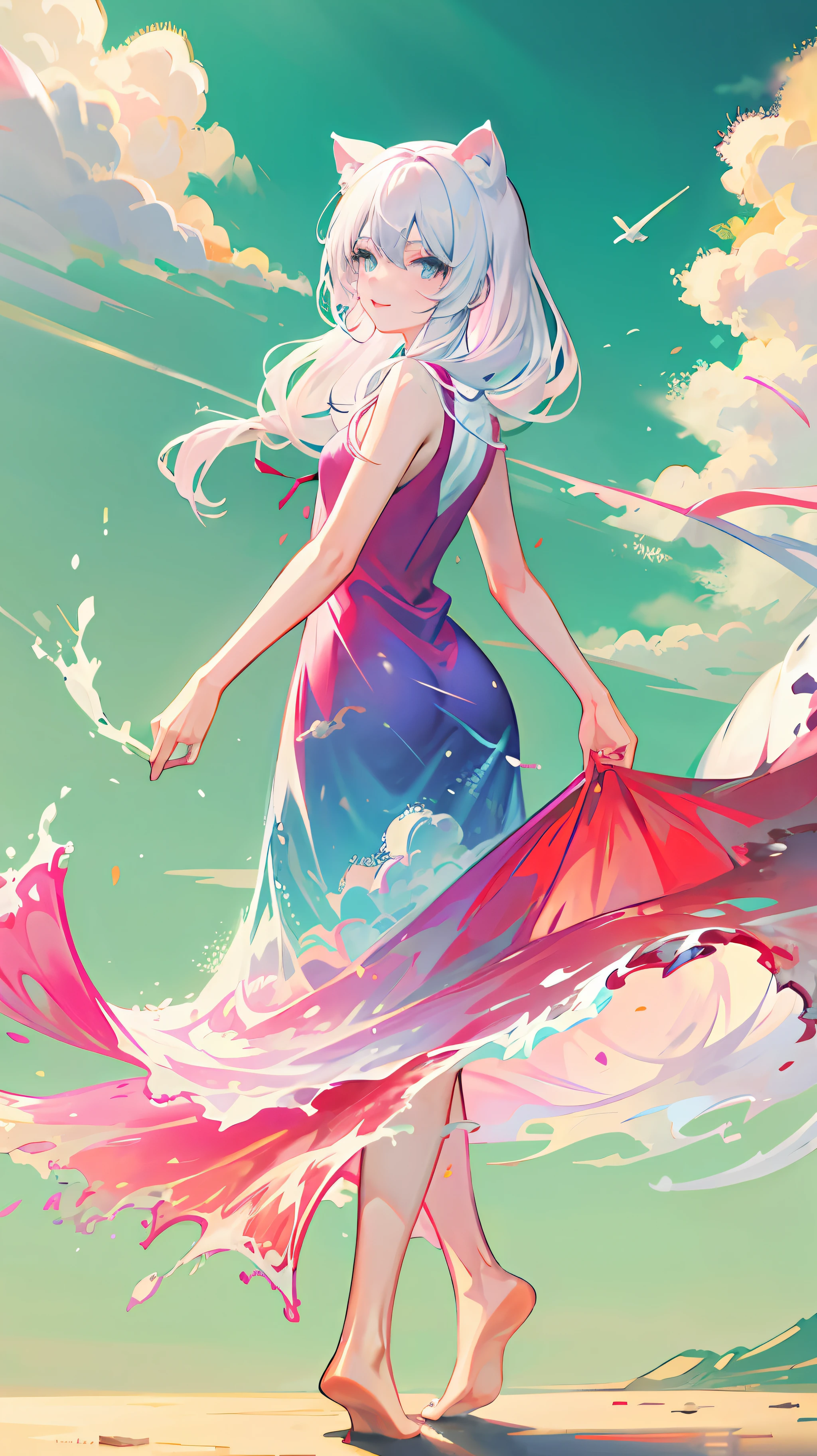 liquid clothes, 1girl, solo, long hair, pink long dress, barefoot, white hair, blue eyes, cloud, very long hair, cat ears, sky print, pink dress, standing, sleeveless, looking at viewer, smile,