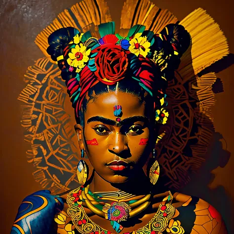 "dark-skinned African girl with intricate tribal body-paint and beautiful ethnic jewelry, depicting the essence of ((Frida Kahlo...