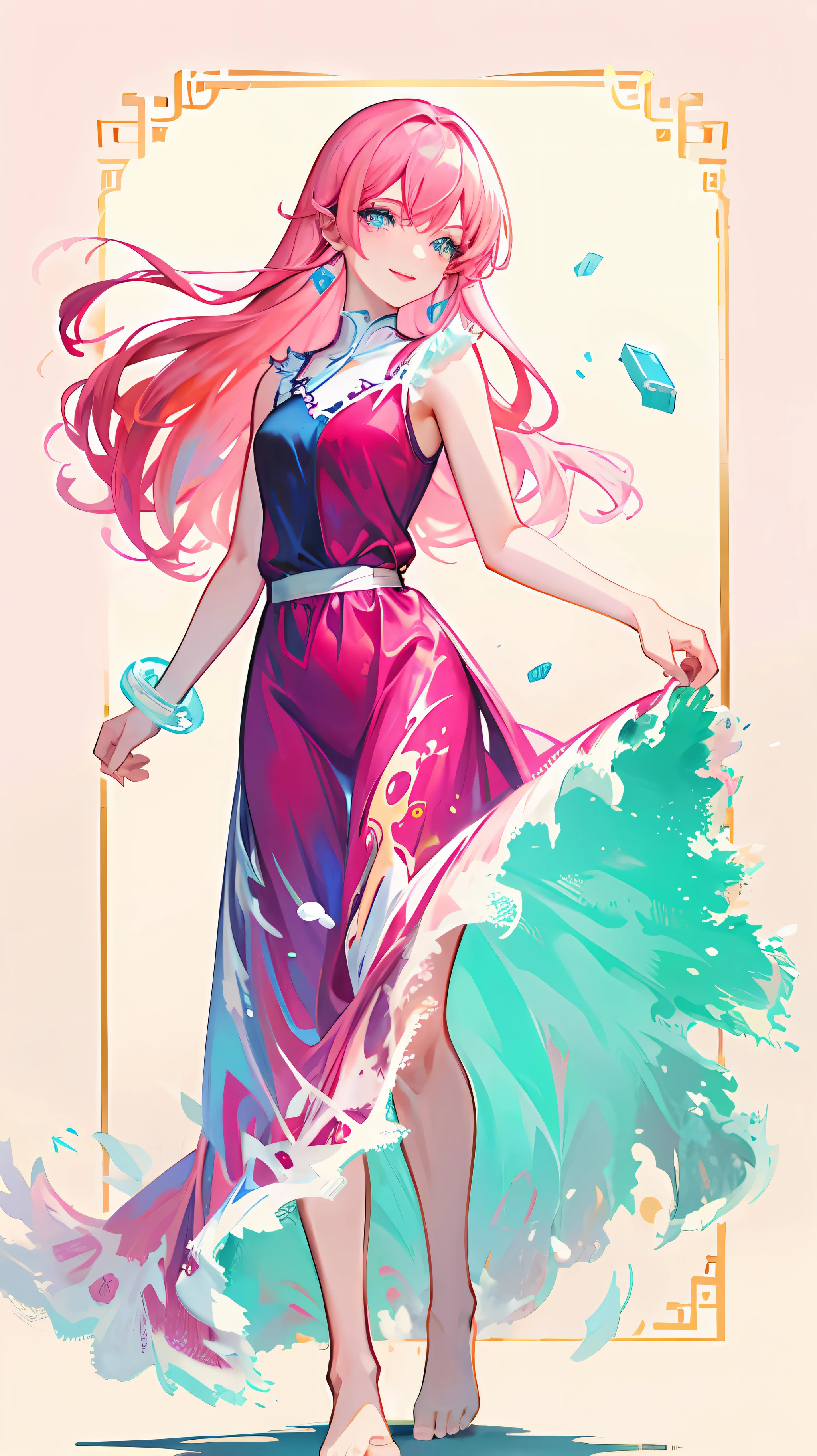 liquid clothes lava, 1girl, solo, long hair, long dress, barefoot, pink hair, blue eyes, lava, very long hair, cat earings, sky print, pink dress, standing, sleeveless, looking at viewer, smile,