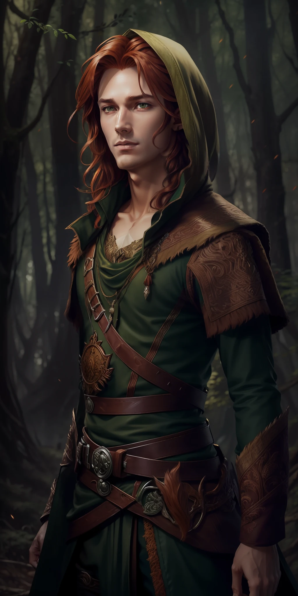 masterpiece,realistic,best quality, ultra-detailed, stunning illustration, an extremely beautiful male elven druid, red hair, sided by a wolf, dynamic position, wide view, hunter clothes, dramatic light effect, special hunting clothes, short light brown hair, green eyes, brown skin, wooded billboard)