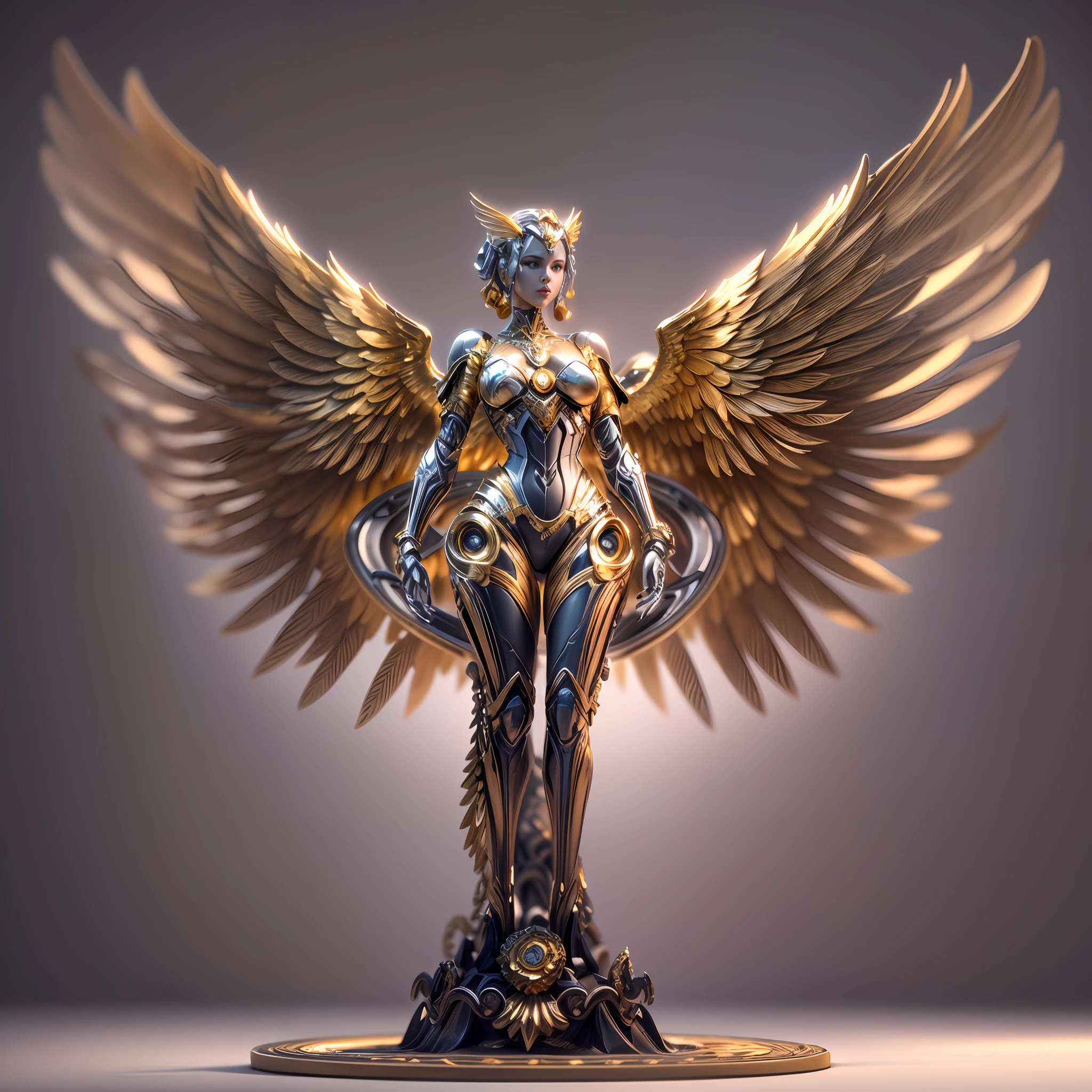 Mechanical style,Gold Theme,(1 mechanical female angel,anatomically correct,full body, arms behind back,golden wings,standing,circular base),Black and white background, (3D render,Best quality, Detailed details, Masterpiece, offcial art, movie light effect, 4K, Chiaroscuro)