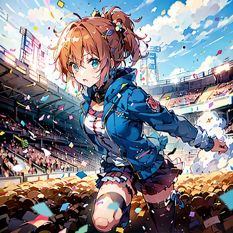 Anime girl running in stadium，Confetti fell around her，pixiv contest winner，Female protagonist，Official artwork，Detailed anime d...